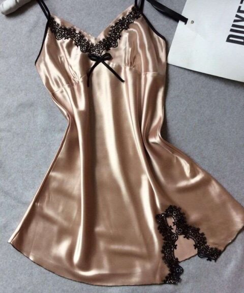 Gold Satin Lace-Trim Nightdress