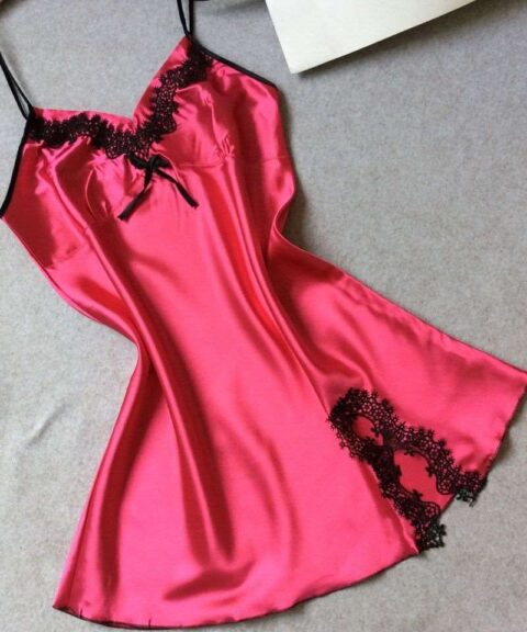 Rose Pink Satin Lace-Trim Nightdress