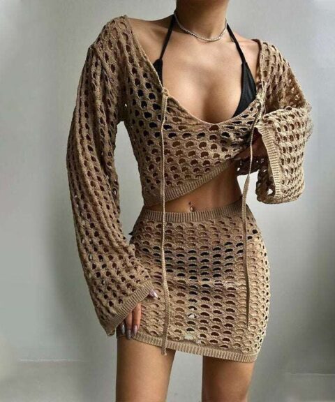 Brown Open-Knit Beach Cover-Up Set