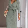 images Winter Dress Winter V - neck Long Sleeve Knitted Tied - Gorgeous Feather