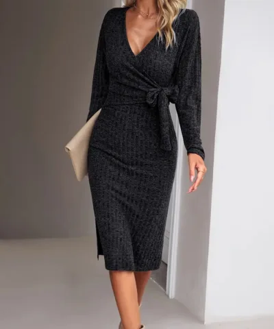 Winter Dress Winter V-neck Long Sleeve Knitted Tied