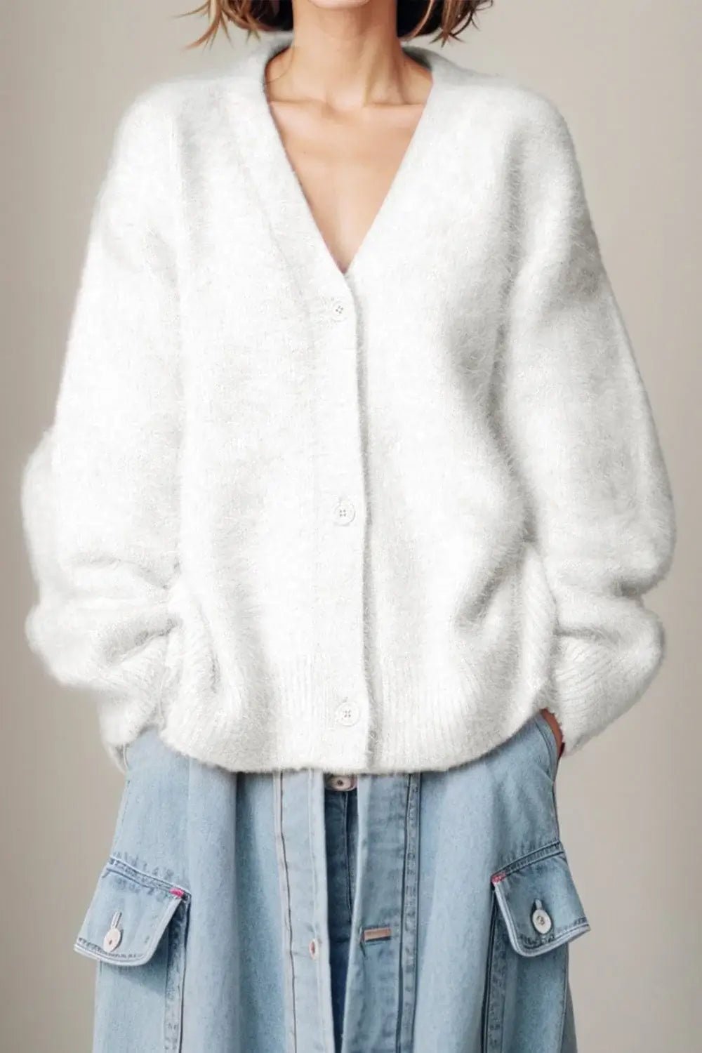 Winter Jacket | V - neck Long Sleeve Cardigan - Gorgeous Feather