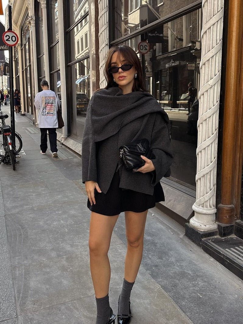 images Winter Short Coat Knitted Cardigan with Scarf Design - Gorgeous Feather