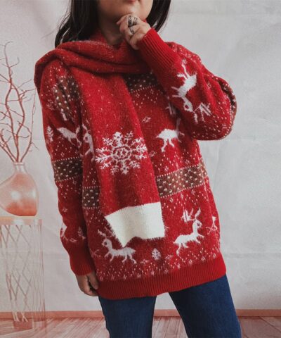 Winter Tops Snowflake Funny Christmas Sweater with Scarf