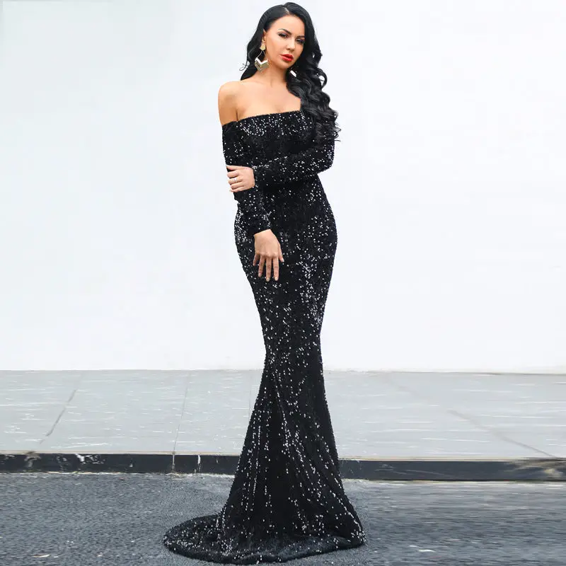 Off-Shoulder Long Sleeve Sequin Evening Dress Gorgeous Feather Off-Shoulder Long Sleeve Sequin Evening Dress - Image 11