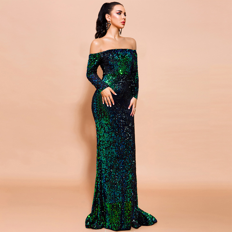 Off-Shoulder Long Sleeve Sequin Evening Dress Gorgeous Feather Off-Shoulder Long Sleeve Sequin Evening Dress