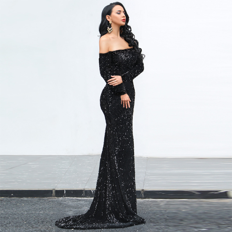 Off-Shoulder Long Sleeve Sequin Evening Dress Gorgeous Feather Off-Shoulder Long Sleeve Sequin Evening Dress