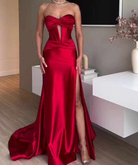 Red Strapless Corset Maxi Dress with High Slit