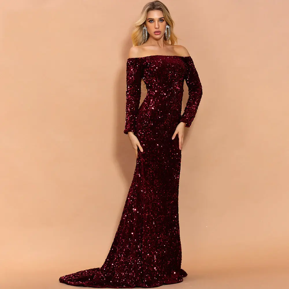 Off-Shoulder Long Sleeve Sequin Evening Dress Gorgeous Feather Off-Shoulder Long Sleeve Sequin Evening Dress - Image 7