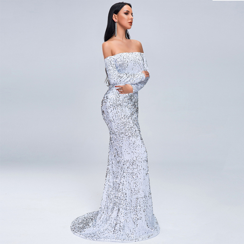Off-Shoulder Long Sleeve Sequin Evening Dress Gorgeous Feather Off-Shoulder Long Sleeve Sequin Evening Dress