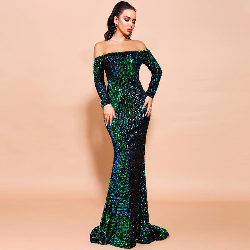 Off-Shoulder Long Sleeve Sequin Evening Dress Gorgeous Feather Off-Shoulder Long Sleeve Sequin Evening Dress - Image 8
