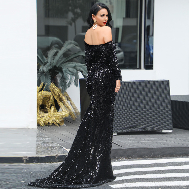 Off-Shoulder Long Sleeve Sequin Evening Dress Gorgeous Feather Off-Shoulder Long Sleeve Sequin Evening Dress