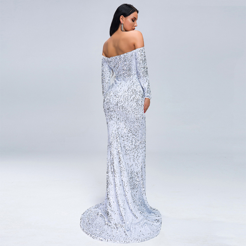 Off-Shoulder Long Sleeve Sequin Evening Dress Gorgeous Feather Off-Shoulder Long Sleeve Sequin Evening Dress