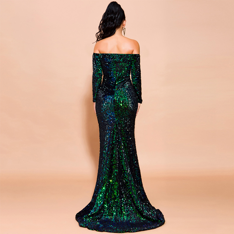 Off-Shoulder Long Sleeve Sequin Evening Dress Gorgeous Feather Off-Shoulder Long Sleeve Sequin Evening Dress