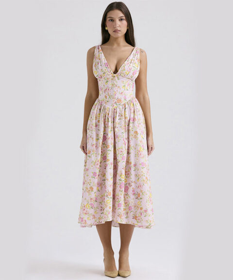V-Neck A-Line Midi Dress with Pockets