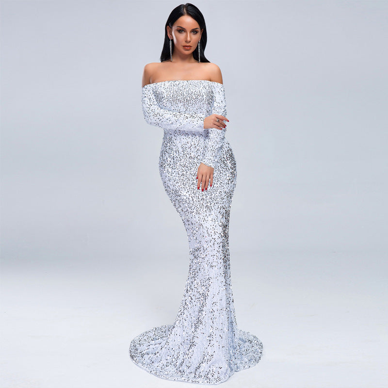 Off-Shoulder Long Sleeve Sequin Evening Dress Gorgeous Feather Off-Shoulder Long Sleeve Sequin Evening Dress - Image 4