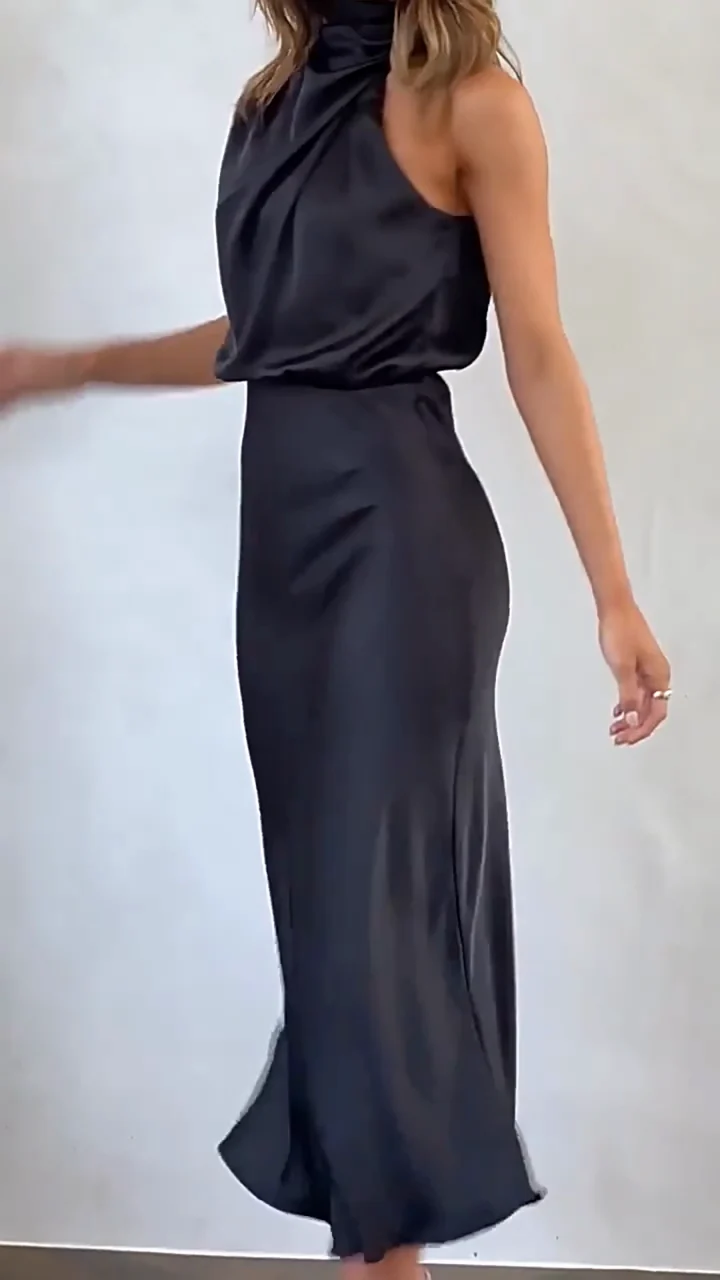 High-Neck Satin Halter Midi Dress — Black video