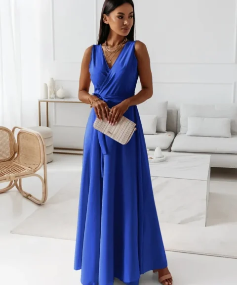 Belted V-Neck Sleeveless Maxi Dress