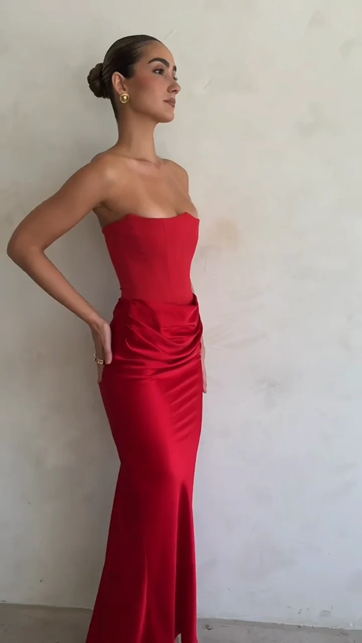 Draped Strapless Maxi Dress — Red video