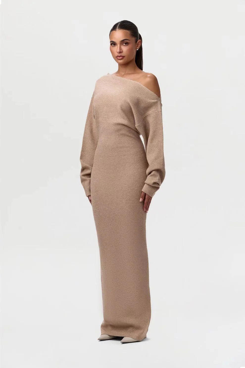 One-Shoulder Knit Maxi Dress Gorgeous Feather One-Shoulder Knit Maxi Dress in Apricot