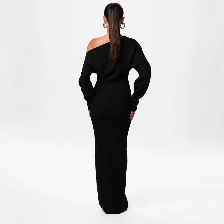 One-Shoulder Knit Maxi Dress Gorgeous Feather One-Shoulder Knit Maxi Dress in Black