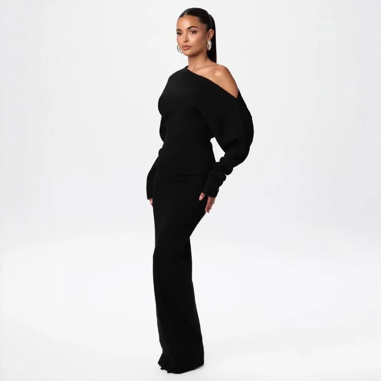 One-Shoulder Knit Maxi Dress Gorgeous Feather One-Shoulder Knit Maxi Dress in Black