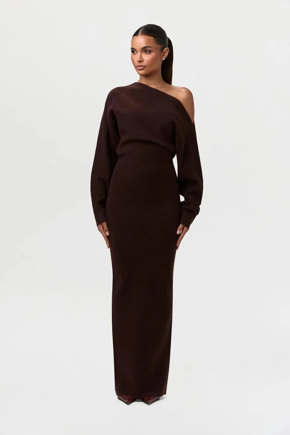 One-Shoulder Knit Maxi Dress Gorgeous Feather One-Shoulder Knit Maxi Dress in Coffee