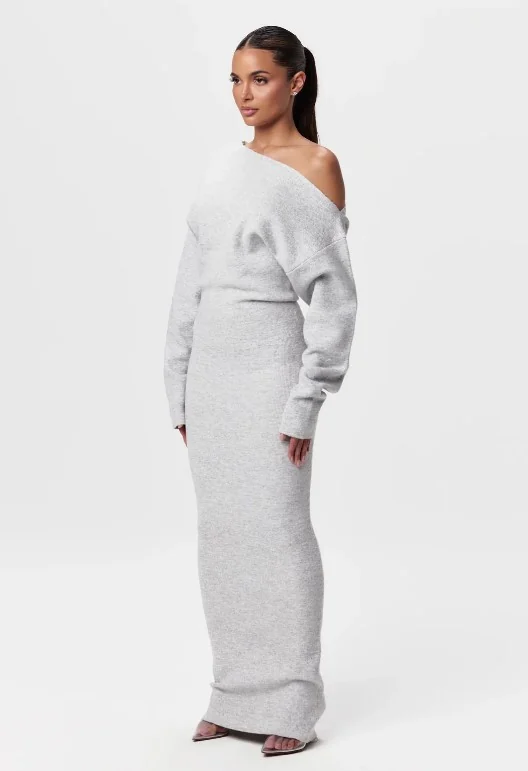 One-Shoulder Knit Maxi Dress Gorgeous Feather One-Shoulder Knit Maxi Dress in Light Gray