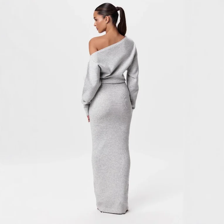 One-Shoulder Knit Maxi Dress Gorgeous Feather One-Shoulder Knit Maxi Dress in Light Gray