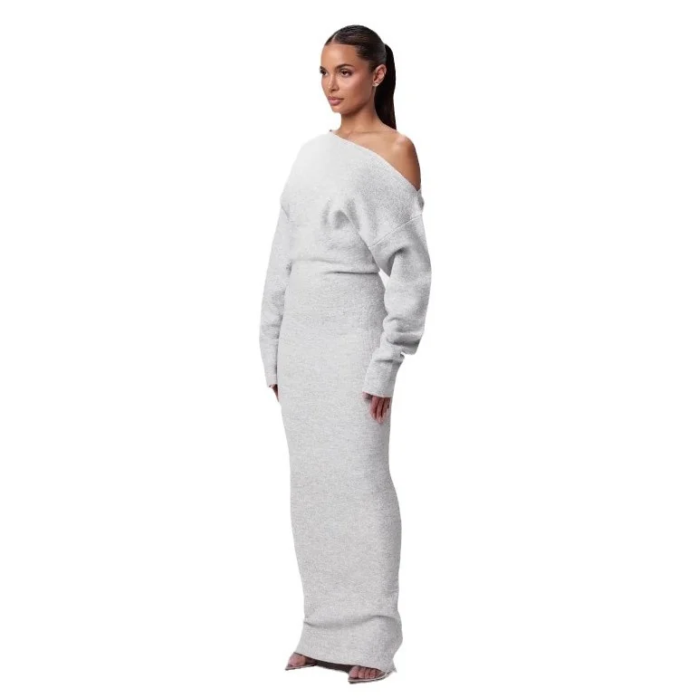 One-Shoulder Knit Maxi Dress Gorgeous Feather One-Shoulder Knit Maxi Dress in Light Gray