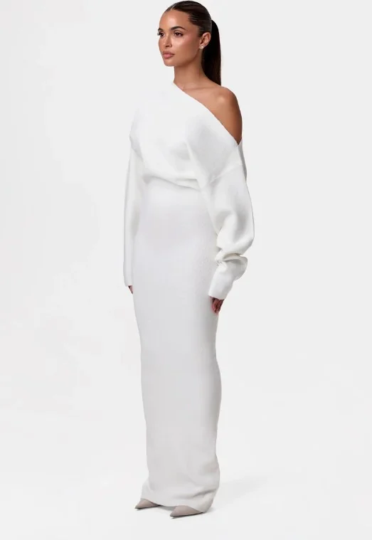 One-Shoulder Knit Maxi Dress Gorgeous Feather One-Shoulder Knit Maxi Dress in White