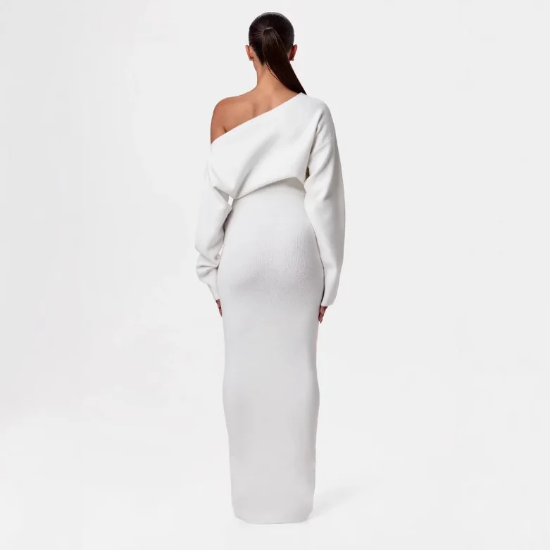 One-Shoulder Knit Maxi Dress Gorgeous Feather One-Shoulder Knit Maxi Dress in White