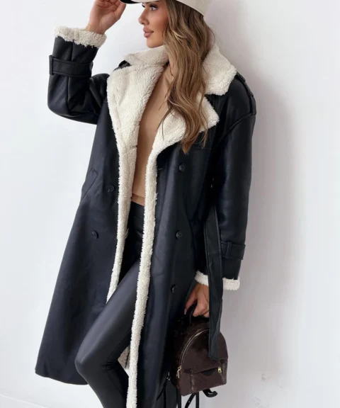 Belted Contrast-Lapel Coat in Black