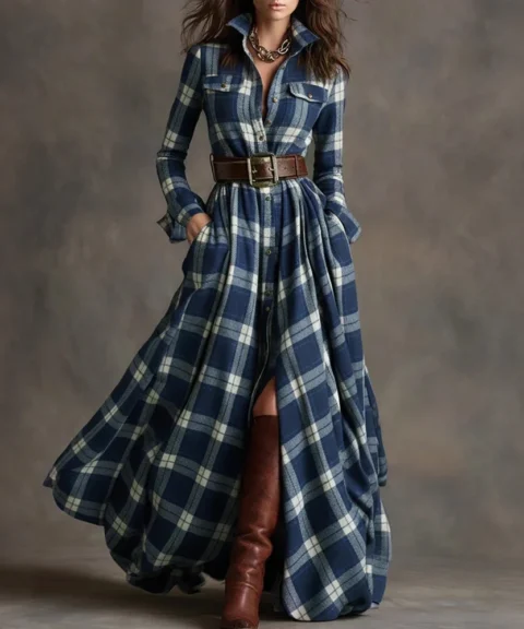 Plaid Button-Front Maxi Shirt Dress in Navy Blue