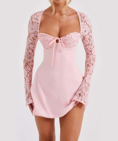 Lace-Sleeve Tie-Back Mini Dress in Pink
