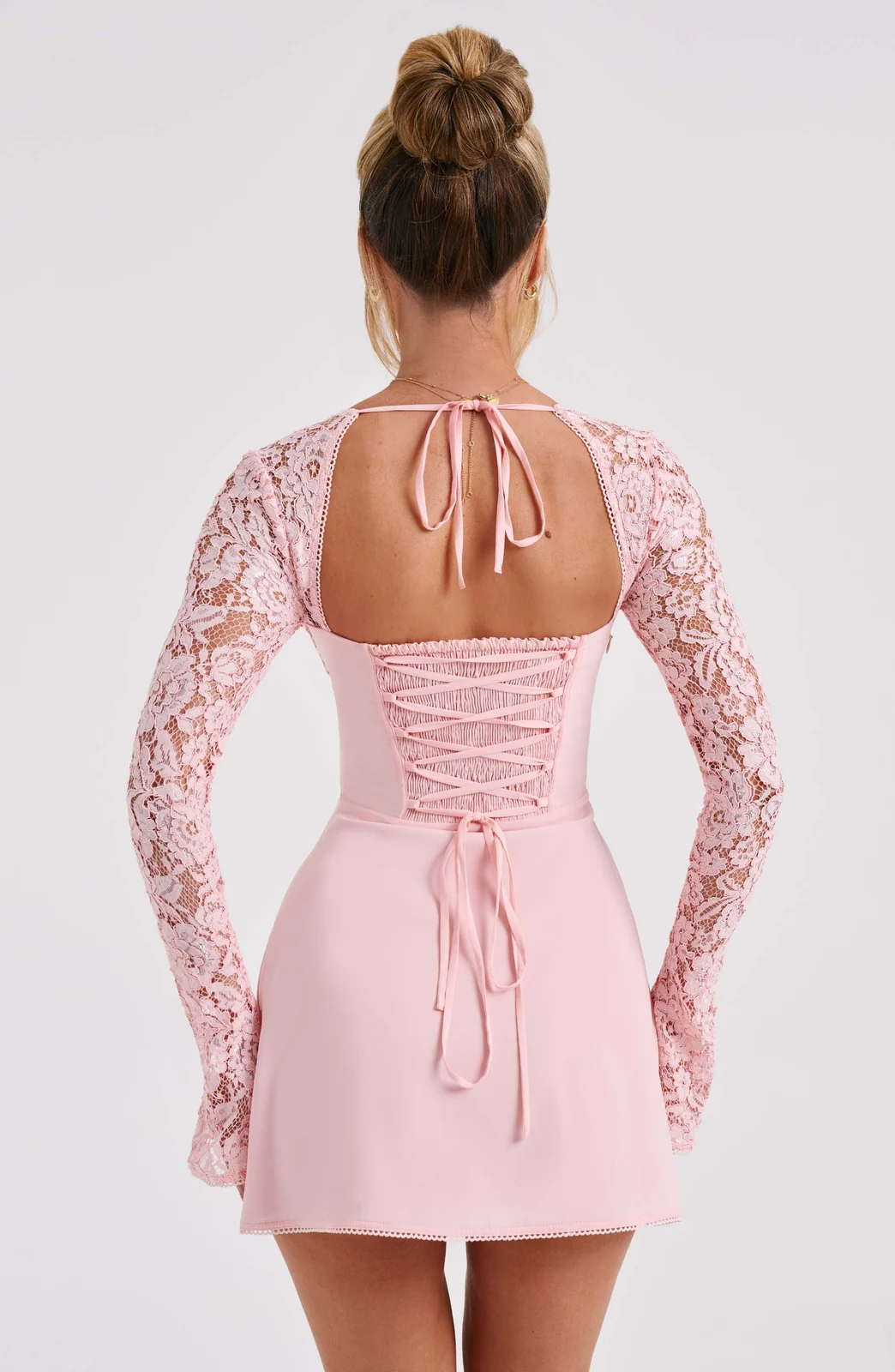 Lace-Sleeve Tie-Back Mini Dress Gorgeous Feather Lace-Sleeve Tie-Back Mini Dress in Pink — back view