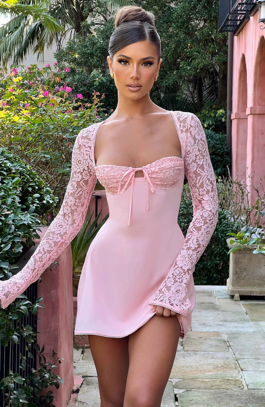 Lace-Sleeve Tie-Back Mini Dress Gorgeous Feather Lace-Sleeve Tie-Back Mini Dress in Pink — product view