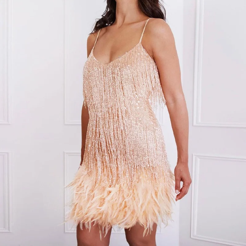 Sequin Fringe Mini Dress Gorgeous Feather Sequin Fringe Mini Dress in Beige
