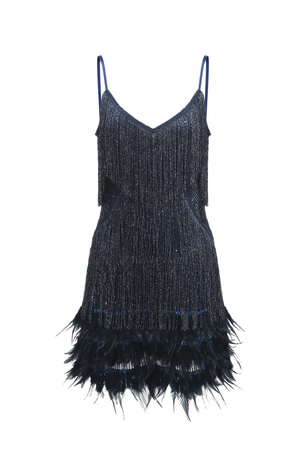 Sequin Fringe Mini Dress Gorgeous Feather Sequin Fringe Mini Dress in Navy Blue — product view