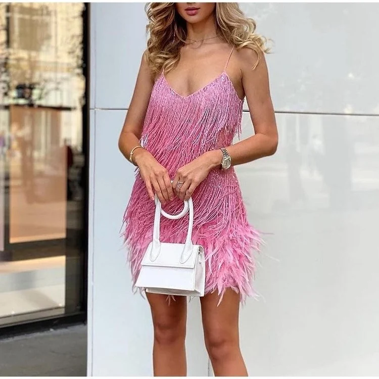 Sequin Fringe Mini Dress Gorgeous Feather Sequin Fringe Mini Dress in Pink