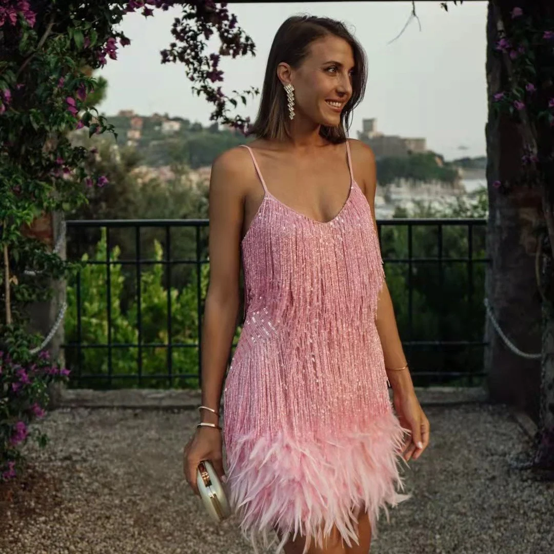 Sequin Fringe Mini Dress Gorgeous Feather Sequin Fringe Mini Dress in Pink