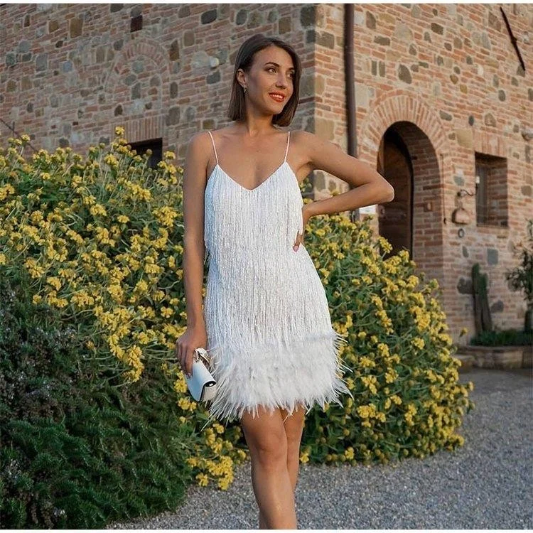 Sequin Fringe Mini Dress Gorgeous Feather Sequin Fringe Mini Dress in White