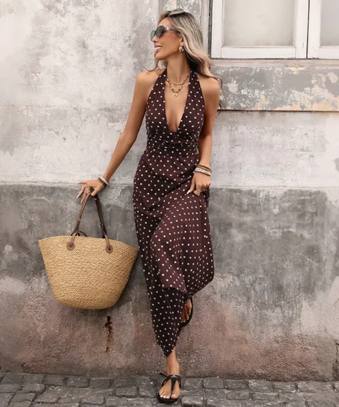 Polka Dot Halter Maxi Dress in Coffee Brown