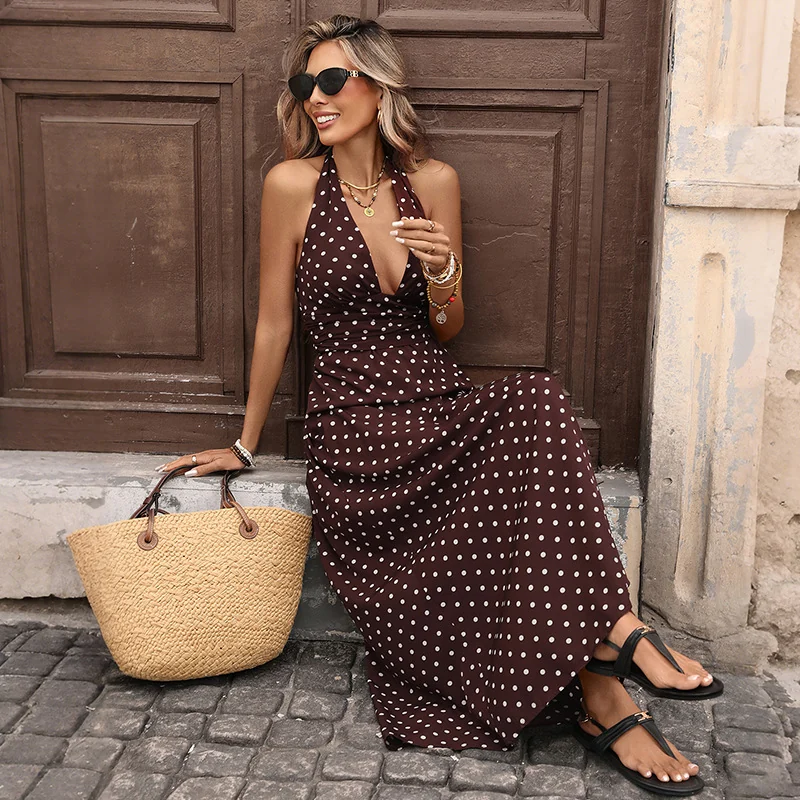 Polka Dot Halter Maxi Dress Gorgeous Feather Polka Dot Halter Maxi Dress in Coffee Brown