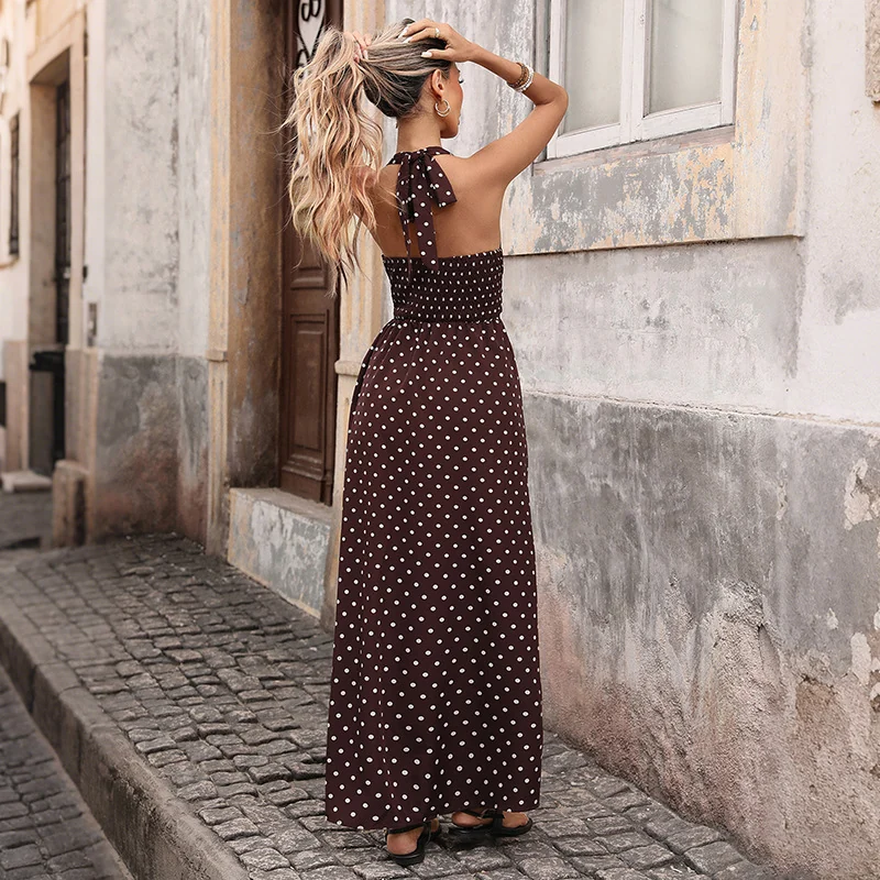 Polka Dot Halter Maxi Dress Gorgeous Feather Polka Dot Halter Maxi Dress in Coffee Brown