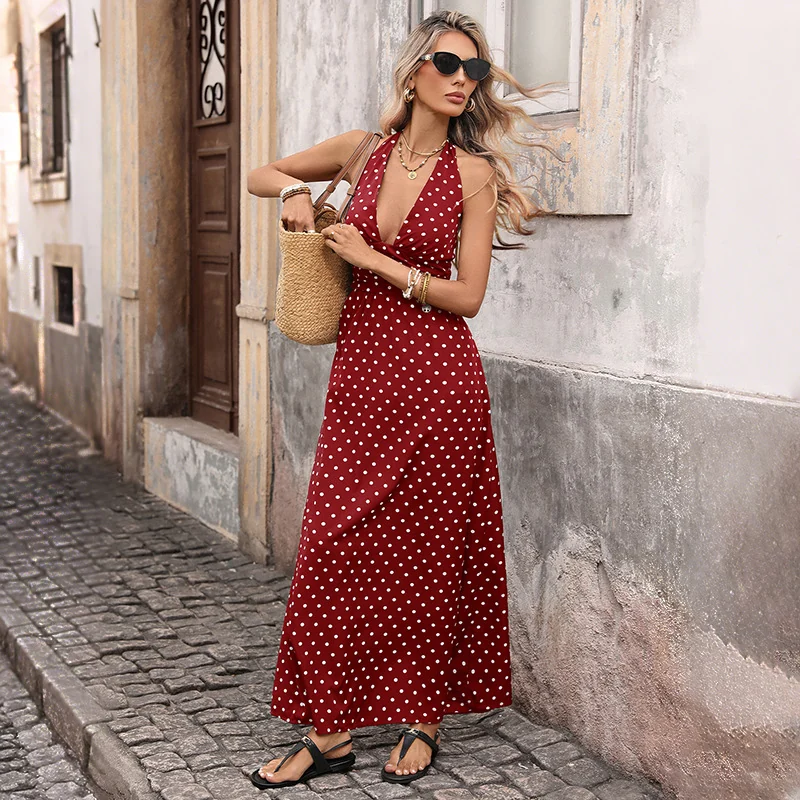 Polka Dot Halter Maxi Dress Gorgeous Feather Polka Dot Halter Maxi Dress in Wine Red