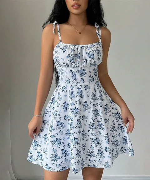 Tie-Strap Floral Mini Dress in Blue
