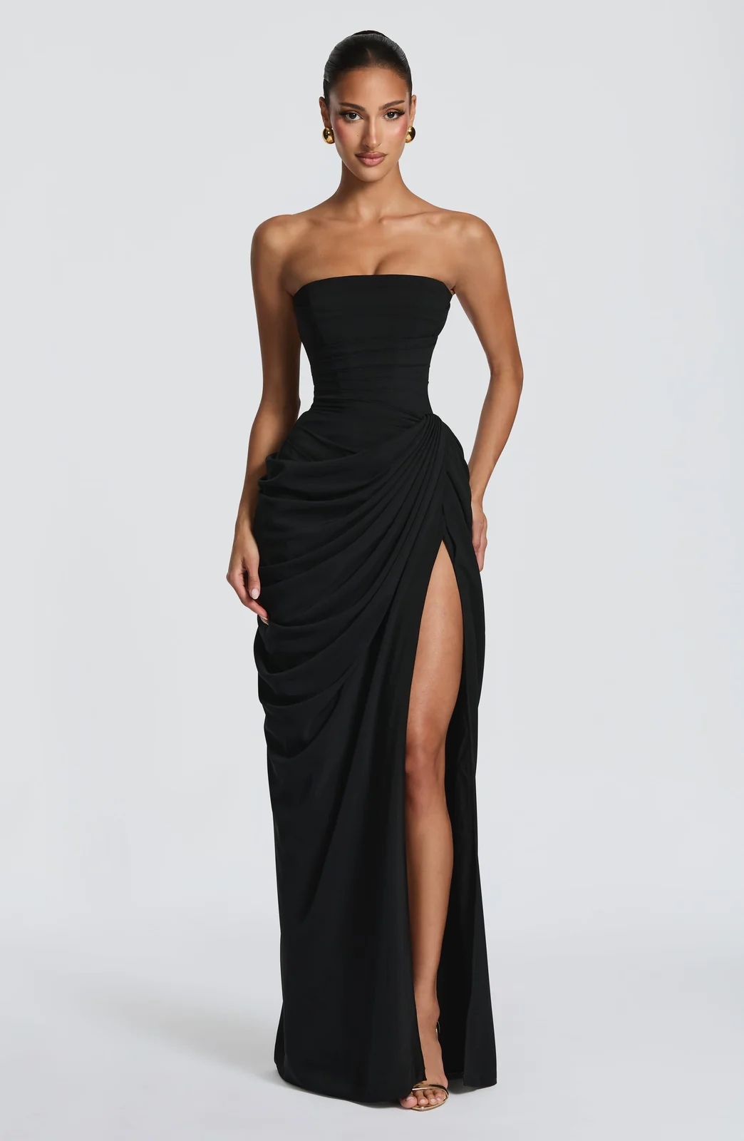 Strapless Ruched Slit Maxi Dress Gorgeous Feather Strapless Ruched Slit Maxi Dress in Black — product view