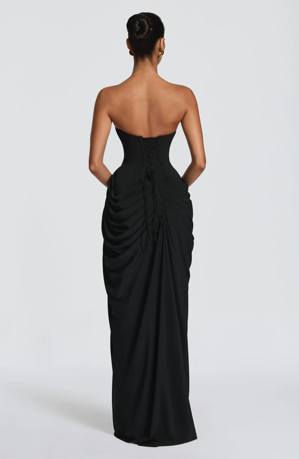 Strapless Ruched Slit Maxi Dress Gorgeous Feather Strapless Ruched Slit Maxi Dress in Black — back view