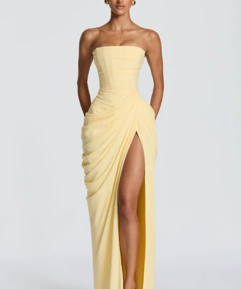Strapless Ruched Slit Maxi Dress in Bright Yellow — product view